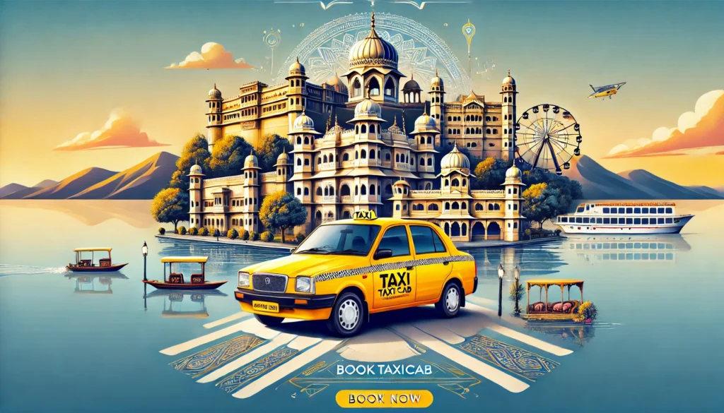 Yellow taxi parked in front of City Palace, Lake Pichola, Udaipur.
