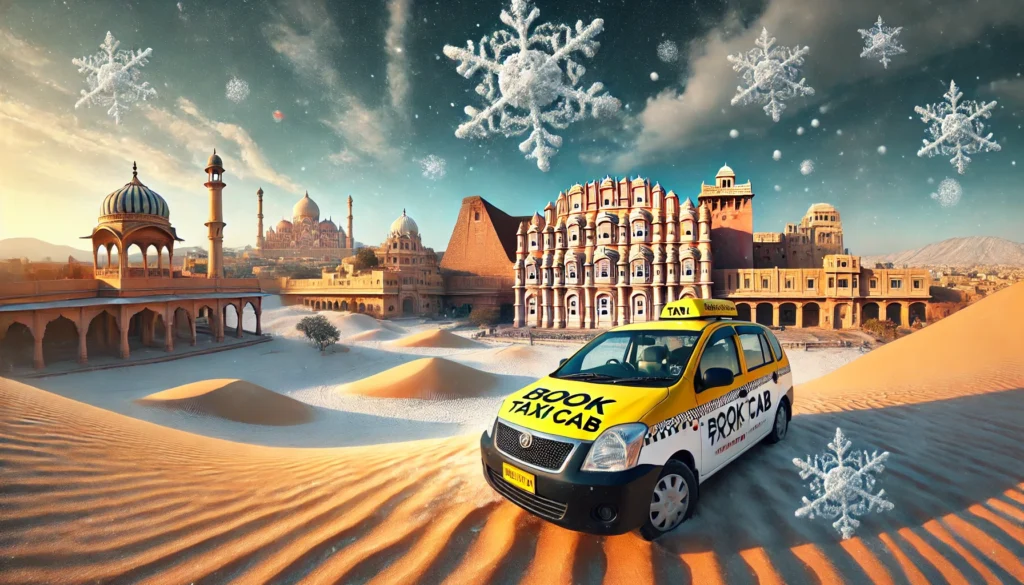 Rajasthan tour package, rajasthan trip package, showcasing iconic landmarks like Hawa Mahal, Mehrangarh Fort, and Sam Sand Dunes. A BookTaxiCab.in taxi is parked near a scenic desert path under vibrant winter skies, highlighting the blend of royal heritage and modern travel convenience.
